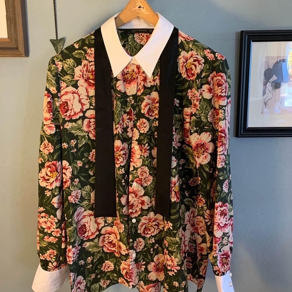 Zara floral blouse with tie